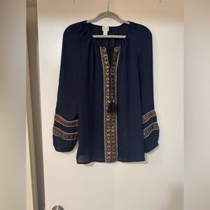 Chico's Dark Blue Boho Embroidered Blouse